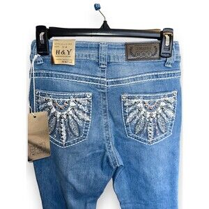 Rhinestone Bootcut Jeans Womens 3/4 Low Rise Light Wash Stretch